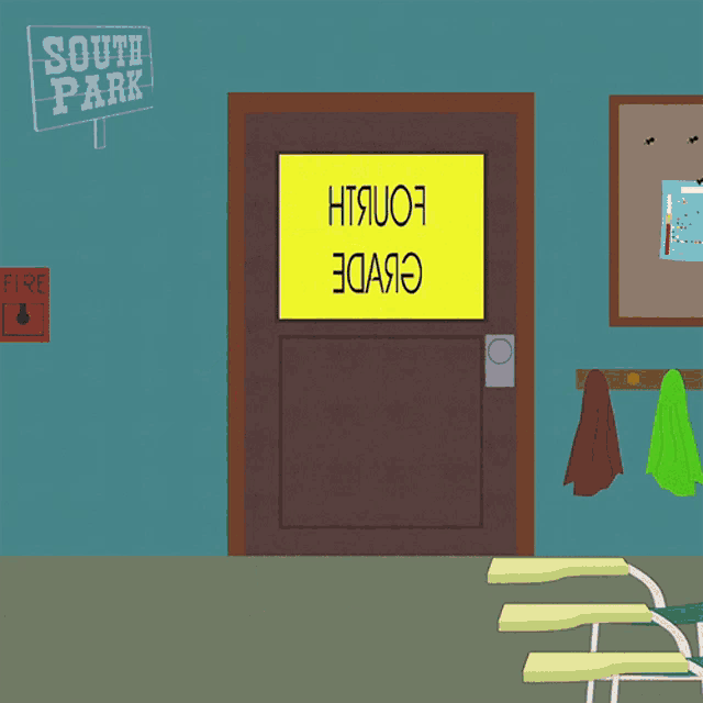 a cartoon character from south park is standing in front of a door