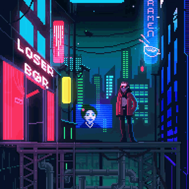 a pixel art of a man standing in front of a loser bar sign