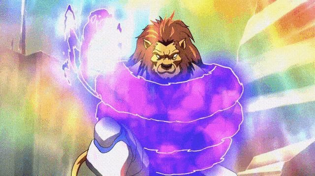 a cartoon lion is wrapped in a purple blanket and holding a lightning bolt .