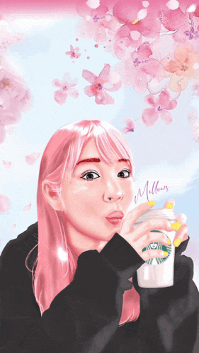 a drawing of a woman with pink hair drinking from a starbucks cup