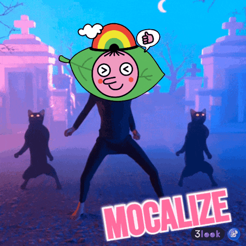 a cartoon of a man with a leaf on his head and the word mocalize