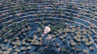 a skeleton is floating in a pond with lily pads