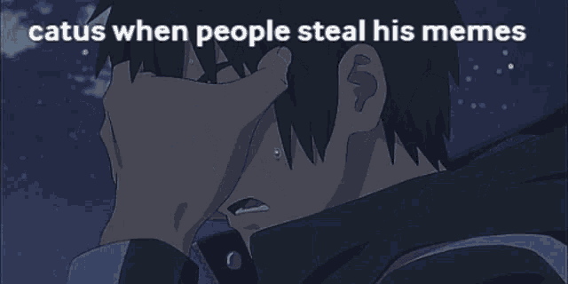 a man is crying while holding his nose while someone steals his memes from him .
