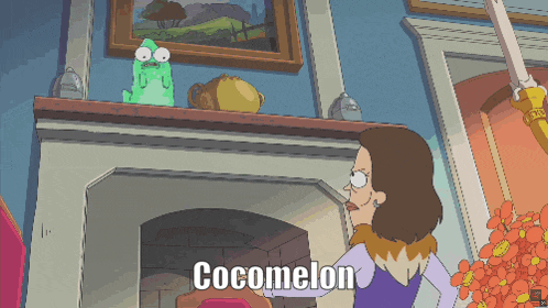 a cartoon of a woman standing in front of a fireplace with the words cocomelon written on the bottom