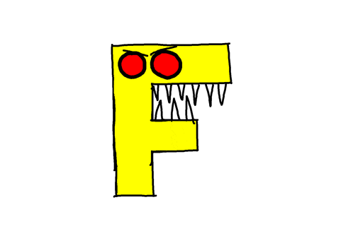 a cartoon drawing of a yellow letter f with red eyes and sharp teeth