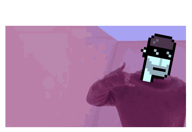 a pixel art drawing of a man wearing a purple sweater and giving a thumbs up