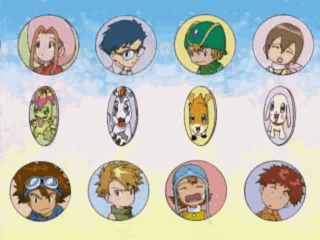 a bunch of cartoon characters are in circles on a white background .