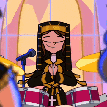 a cartoon of a nun praying in front of a microphone and drums