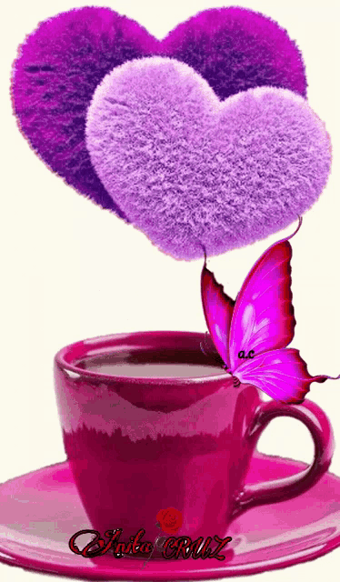 a cup of coffee with two purple hearts and a butterfly on a saucer