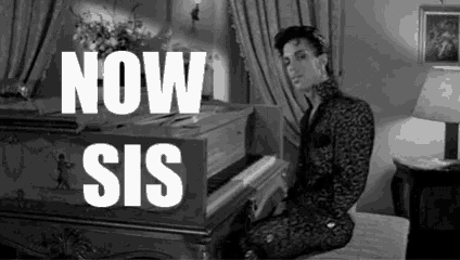a black and white photo of a man playing a piano with the words now sis behind him
