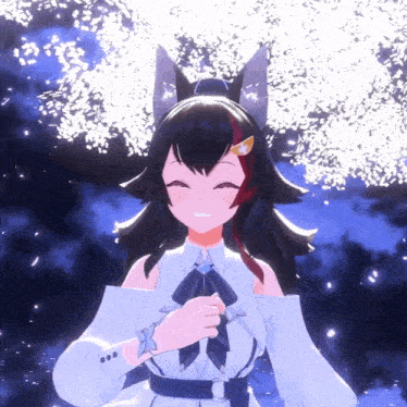 a girl with a cat ear is smiling in front of a tree with flowers