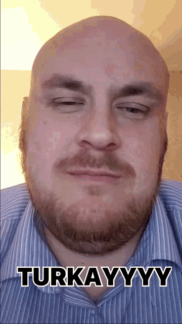 a bald man with a beard is wearing a striped shirt and says turkayyy