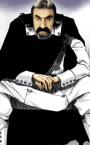 a drawing of a man with a beard wearing a black cape and white pants