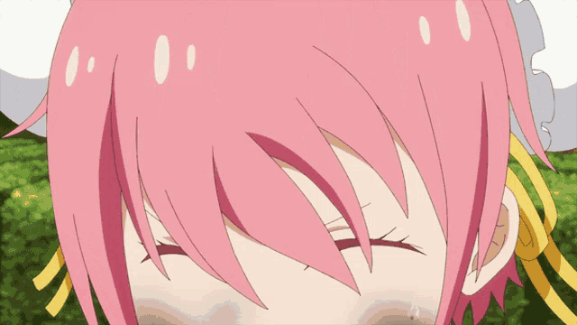 a girl with pink hair and white eyes has a tear running down her face