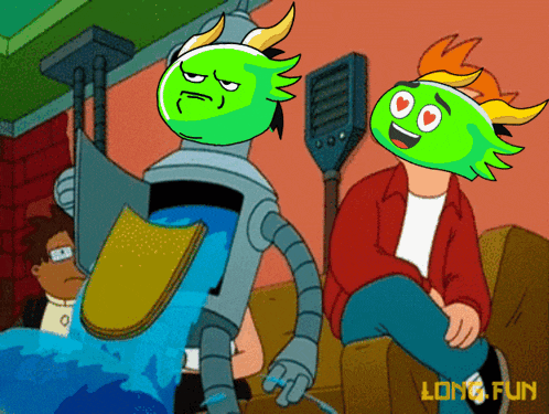 a cartoon of a man sitting on a couch next to a robot with a green head