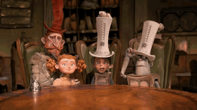 a group of cartoon characters are sitting at a table and one of them is wearing a top hat