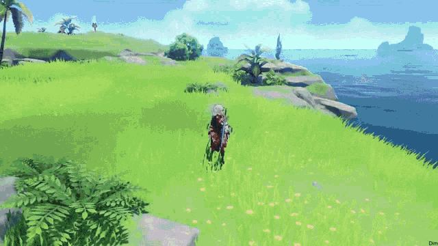 a video game character is holding a sword in a grassy field .