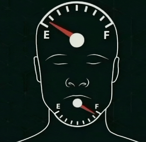 a drawing of a man 's head with a gauge pointing to the e and f levels