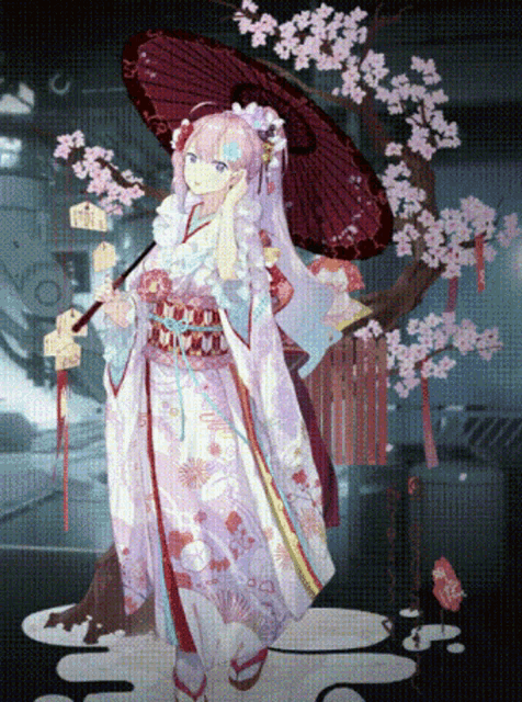 a girl in a kimono holding an umbrella