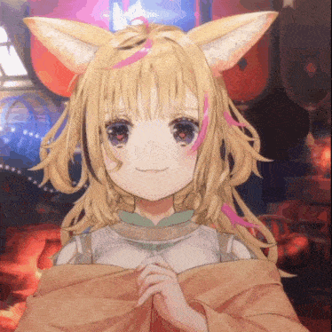 a girl with fox ears is smiling in front of a colorful background