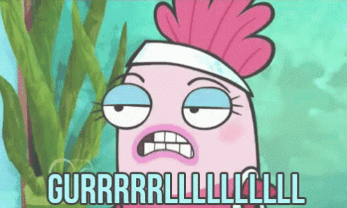 a cartoon character is making a funny face with the words gurrrrl written below her