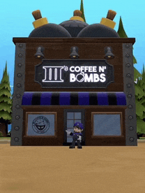 a cartoon character stands in front of a coffee shop called coffee n ' bombs