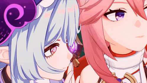 a close up of two anime girls with purple eyes and pink hair