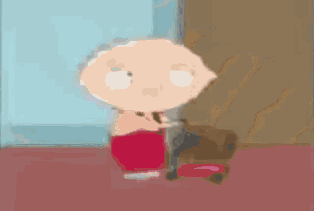 a cartoon character in a blue shirt is holding a red object in his hand