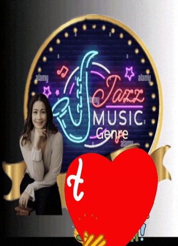 a woman sitting in front of a jazz music genre sign