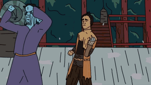 a cartoon drawing of a man in a purple robe standing next to another man in a yellow coat