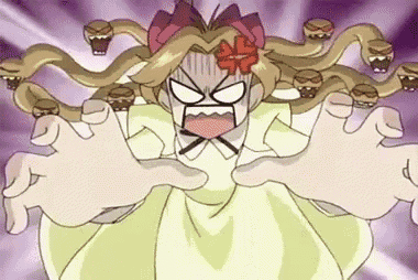 a cartoon character with a flower in her hair is being attacked by snakes
