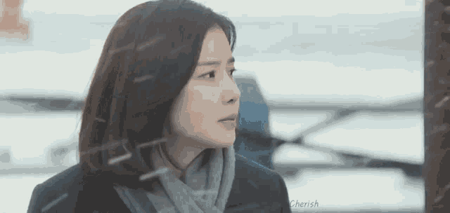 a woman wearing a scarf and a jacket is standing in the snow looking out a window .