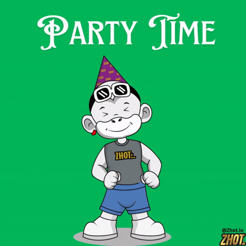 a cartoon character wearing a party hat and sunglasses with the words party time below him