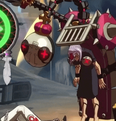 a cartoon character is standing next to a robot with the letter c on its back