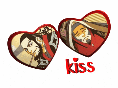 two red hearts with a picture of a man and the word kiss below them