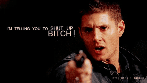 a man pointing a gun with the words i 'm telling you to shut up bitch above him