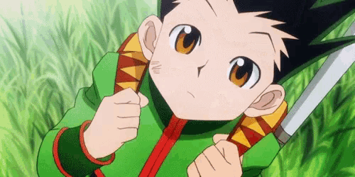 a young boy is holding a sword in a field .