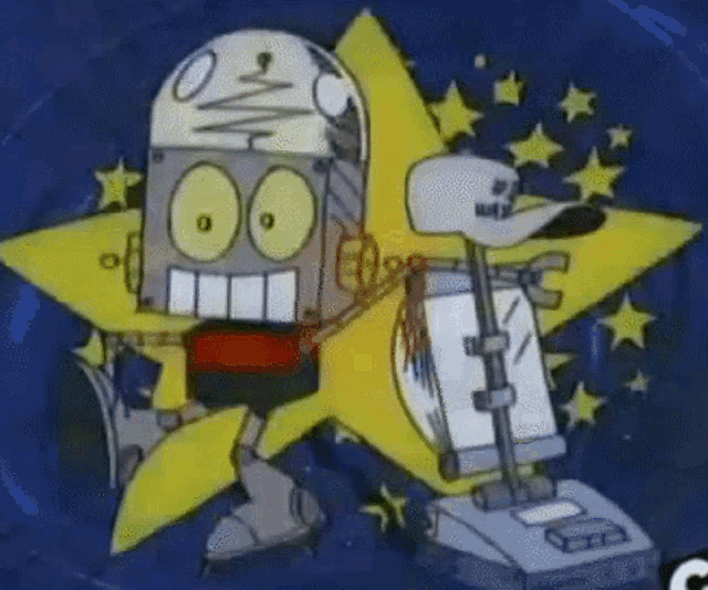 a cartoon of a robot standing next to a star with a hat that says nike on it