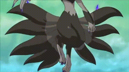 a cartoon character with nine tailed fox feet is standing on a blue background .
