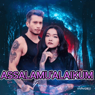 a man and a woman standing next to each other with the words assalamu'alaikum on the bottom right
