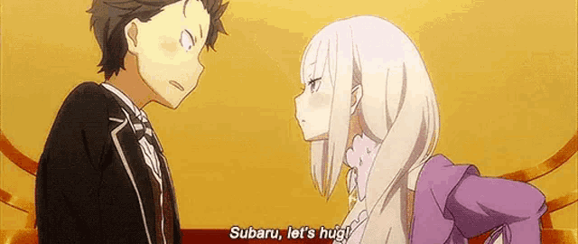 a man and a woman are standing next to each other and talking to each other in an anime .