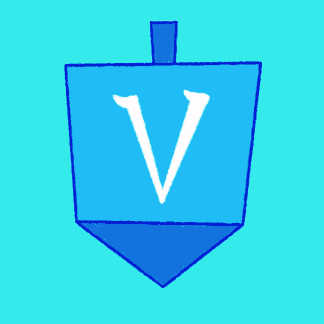 a blue and white drawing of a menorah with the letter v on it