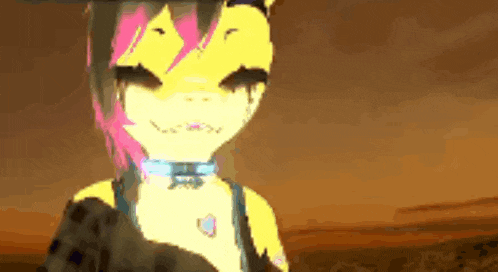 a cartoon character with pink hair and a choker on her neck
