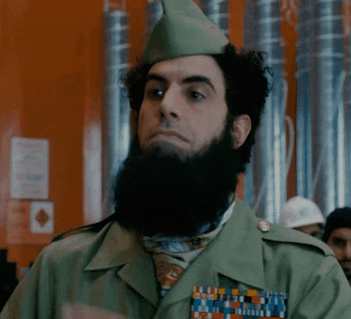 a man with a beard is wearing a green hat