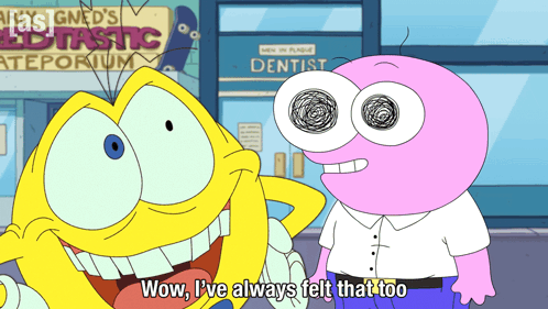 two cartoon characters are standing in front of a dentist 's office