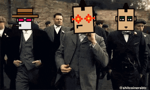 a group of men wearing suits and hats with pixelated faces on their faces