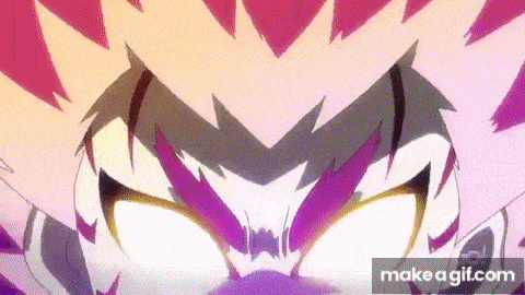 a close up of a person 's face with a purple background and glowing eyes .