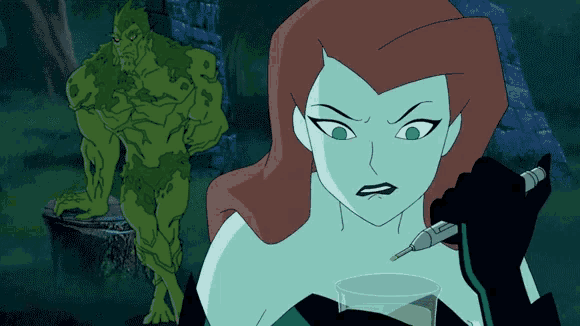 a cartoon of poison ivy holding a glass with a green monster behind her
