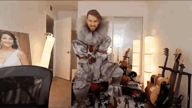 a man in a clown costume is sitting on a chair in a room with guitars