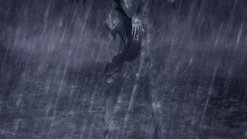 a person in armor is walking through the rain